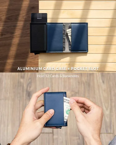 Vista 16 de VULKIT Tarjetero RFID Bloqueo de Cuero Automático Pop Up Cartera Aluminio Slim Pocket Tarjeta de Visita