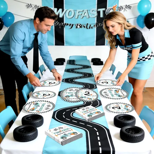 Vista 6 de Decoración de fiesta de 2º cumpleaños de coche de carreras para niños, dos platos y servilletas de papel desechable, dos rápidos, dos, curiosos, 2