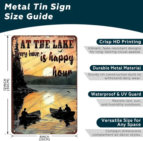Vista 2 de Cartel de metal divertido con texto en inglés «At The Lake Every Hour Is Happy Hour», divertido póster de hojalata novedoso para el hogar, cocina