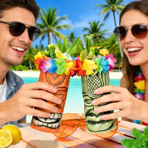 Vista 6 de SuproBarware Tiki - Juego de 2 tazas de cóctel hawaianas grandes con pajitas y posavasos, lindos vasos de cóctel exóticos para fiesta Tiki Bar