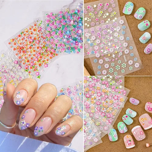 Vista 4 de 30 hojas de calcomanías de arte de uñas, flores, rosas, margaritas, cerezos, flores, 3D, autoadhesivas, calcomanías para uñas, corazón, crisantemo
