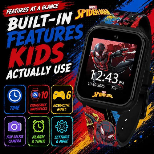 Vista 4 de Reloj inteligente Marvel Spider-Man para niños: características divertidas con cámara, grabadora de voz, rastreador de pasos y juegos, Multicolor