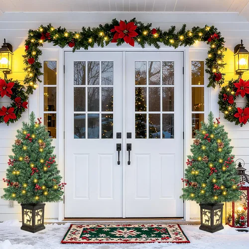 Vista 4 de 2 piezas árbol de Navidad de 3 pies con luces, pequeño árbol de Navidad artificial de PVC preiluminado de Navidad con 78 luces LED cálidas, bayas 3