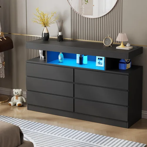 Vista 9 de BEWISHOME Cómoda negra para dormitorio con estación de carga y luces LED, cómoda de 6 cajones, cómodas de madera para armario, cómodas modernas