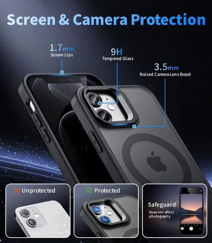 Vista 6 de Funda magnética para iPhone 11 con soporte, compatible con Magsafe, protección militar y protector de lente de cámara, funda translúcida mate