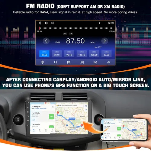 Vista 6 de Estéreo de radio de coche para Toyota RAV4 2007-2012 sin sistema de sonido JBLB, compatible con Carplay inalámbrico/Android Auto/Mirrorlink