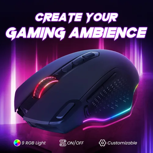 Vista 2 de WEEMSBOX Ratón inalámbrico para juegos, mouse ergonómico recargable RGB para PC, con 9 efectos de iluminación RGB de hasta 10000 DPI, 10 botones