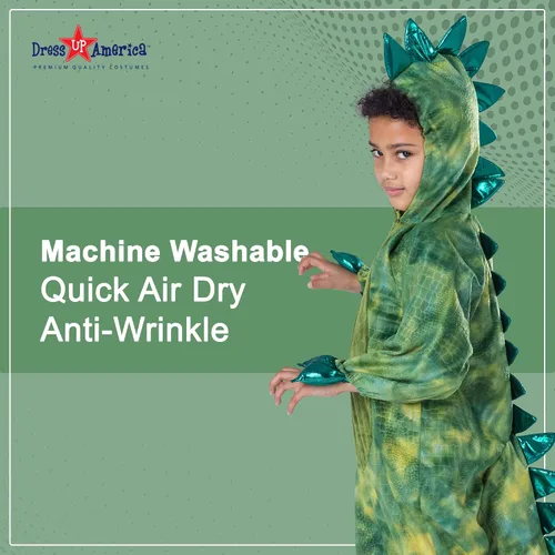 Vista 4 de Dress Up America Disfraz de T-Rex para niños, overol de dinosaurio verde con capucha y cola, tallas para niños pequeños y jóvenes para Halloween