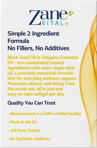 Vista 8 de Zane Vital, aceite de orégano y aceite de semilla negra, con carvacrol y timoquinona, suplemento dietético para el bienestar inmunológico