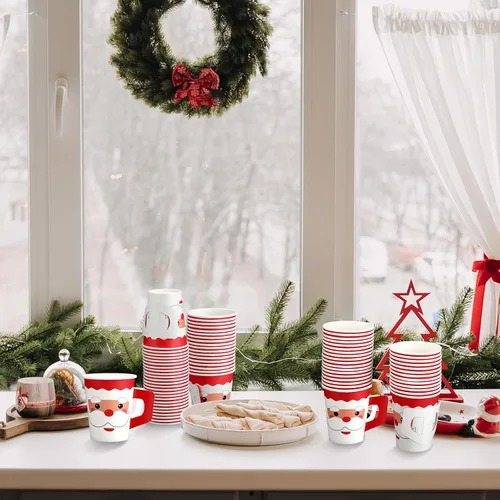 Vista 4 de Tioncy 100 vasos de papel desechables de Navidad con asas, 9 onzas, tazas de café de Papá Noel, lindos vasos desechables de chocolate caliente