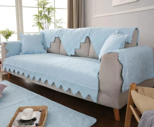 Vista 3 de Funda de sofá de algodón con bordado de hojas y flores, antideslizante, acolchada, protector de muebles para perros, niños y mascotas, lavable a Azul