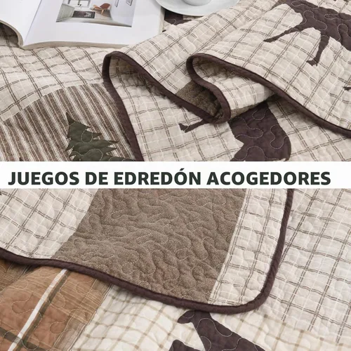 Vista 6 de PERHOM Edredón de tamaño King, 100 % algodón, tamaño King, cabaña de montaña, casa de campo, edredón de tamaño King, color marrón, beige, verde, a