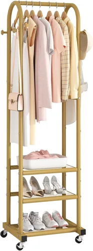 Vista 10 de Kaitiemoo Perchero de ropa resistente con ruedas, moderno perchero con 3 estantes de metal, estante de exhibición de 71.8 pulgadas para colgar ropa
