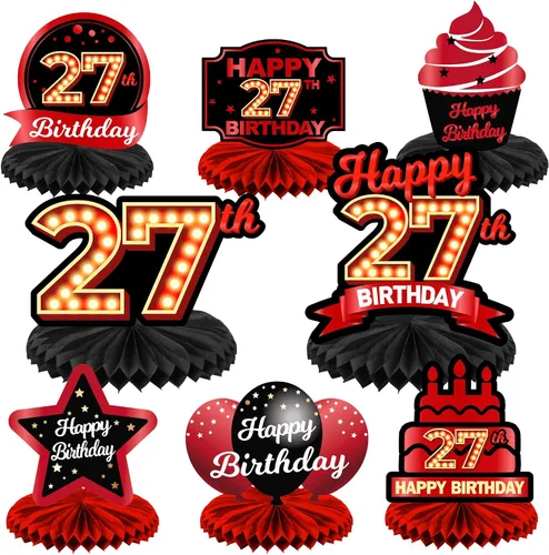 Vista 62 de Feliz 45 cumpleaños rojo y negro centros de mesa de panal de abeja decoraciones de globos decoración de mesa centros de mesa para niñas mujeres