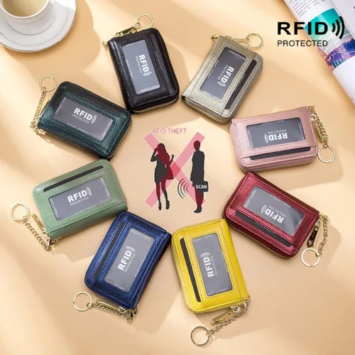 Vista 3 de Tapp Collections Tarjetero RFID para tarjetas de crédito, cartera pequeña de cuero con cremallera para tarjetas con ventana de identificación