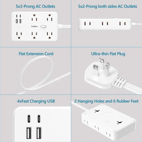 Vista 5 de Cable de extensión plano de 1 pie con protector de sobretensiones, 10 salidas de CA y 4 puertos USB (5V/3.4A 17W), 1080J, estación de carga