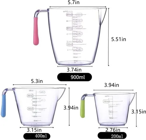 Vista 2 de Juego de 3 tazas medidoras de plástico, jarra medidora transparente apilable de doble escala con boquilla para cocinar, hornear, laboratorio
