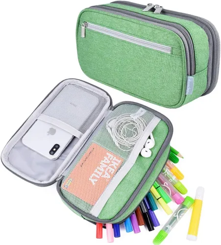 Vista 12 de Estuche para lápices de gran capacidad, bolsa grande de almacenamiento para lápices, bolsa con 3 compartimentos multifuncionales, estuches para Negro