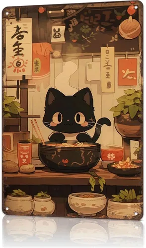 Vista 15 de Cartel de metal con diseño de gato japonés vintage, póster de gato negro comiendo ramen, retro divertido animal comida para amantes de los fideos