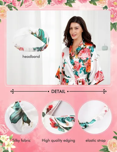Vista 5 de EPLAZA Bata de satén sedoso floral para mujer, para boda, fiesta, novia, dama de honor, kimono, ropa de descanso, vestidos de vestir