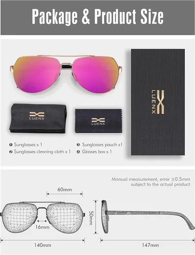 Vista 6 de Lentes para aviador Luenx polarizados, para hombres y mujeres, con armazón de metal grande, protección UV 400