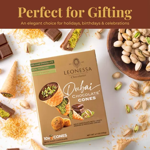 Vista 3 de Leonessa Conos de Chocolate Dubai con Pistacho Kunafa Hechos con Chocolates Belgas Premium Chocolate Kunafa Chocolates de Dubai - 4,7 oz