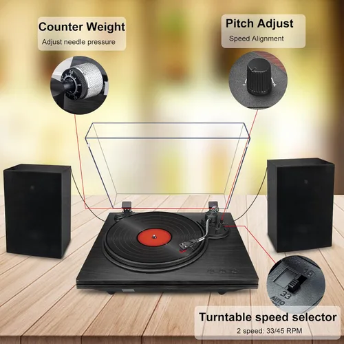 Vista 4 de Tocadiscos para vinilo con altavoces, tocadiscos Bluetooth de 2 velocidades, con contrapeso ajustable, soporte RCA, sistema estéreo para el hogar