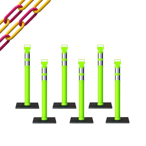 Vista 61 de CCW 6-Pack 45" Delineador Post Kit Kit de 3.0 in collares reflectantes, base de goma de 10 lb (6 postes blancos con cadena negra de 50 pies)