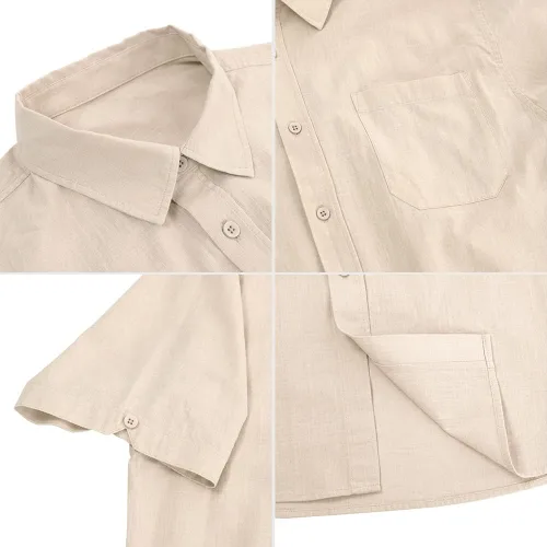 Vista 5 de Camisas casuales de verano de lino con botones para hombre manga corta camisetas de playa de algodón con bolsillo