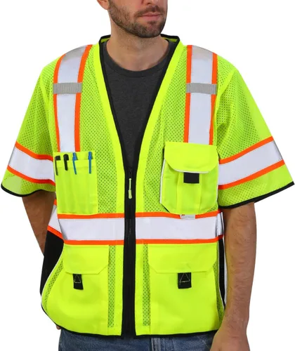 Vista 10 de Dib Safety Chaleco reflectante de malla negra, chaleco de alta visibilidad con bolsillos y cremallera, resistente, fabricado con cinta reflectante
