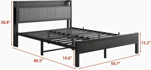 Vista 2 de BOFENG Base de cama Queen con cabecero, base de cama tapizada de metal con estación de carga, marco de cama tamaño Queen con almacenamiento,