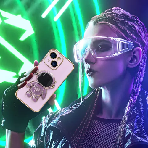 Vista 6 de Omio - Funda compatible con iPhone 15 Plus con soporte oculto de astronauta, funda de lujo chapado en corazón con borde lateral, pequeño