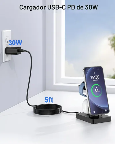 Vista 3 de NANAMI Estación de carga 3 en 1 USB C de 30 W para dispositivos Samsung Negro