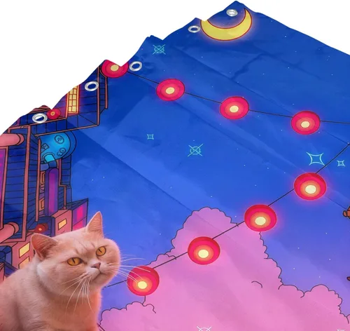 Vista 4 de Neon City - Cortina de ducha de gatos con linternas, poliéster impermeable, decoración Cyberpunk para niños y adultos, se adapta a bañera, ducha