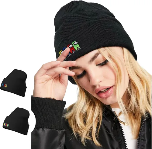 Vista 2 de Gorros bordados de gamer negros divertidos para niños y niñas, para invierno, cálidos, elásticos, de punto, con puños, bordados y calaveras