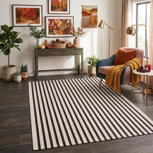 Vista 23 de LEEVAN Alfombra de capas de 2 x 3 para porche delantero, pequeño, a rayas Negro y crema