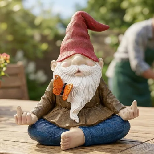 Vista 7 de Gran estatua de gnomo de jardín zen meditante, figura de dedo medio Naughty Angry Namaste de 9.5 pulgadas, divertida decoración de césped al aire