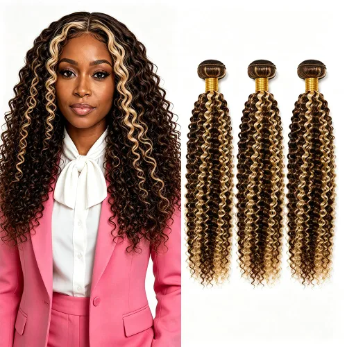 Vista 205 de P4613 Cabello humano rizado onda profunda marrón y paquetes mixtos 8 10 12 P4613 Ombre Marrón-Rubio-DP