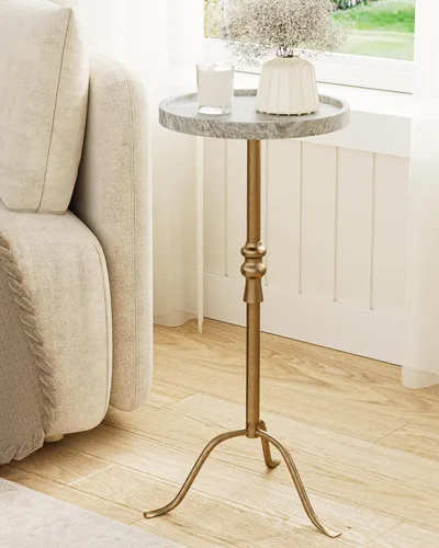 Vista 11 de 25.6" Vintage Round Pedestal End Table with Tray Top, Antique Martini Cocktail Accent Table for Living Room, Bedroom, Drink Table with Brass