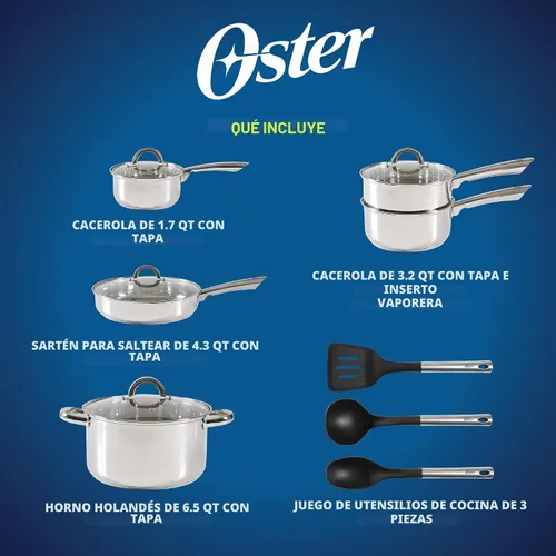 Vista 2 de Oster Sangerfield - Juego de utensilios de cocina de acero inoxidable de 12 piezas con herramientas de cocina, ollas y sartenes antiadherentes