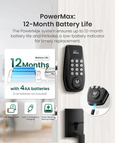 Vista 5 de DESLOC C100 - Cerradura de puerta de entrada sin llave con asa, cerradura inteligente para puerta delantera con 2 llaves, bloqueo automático, 100