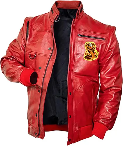 Vista 2 de La-Mejor Johnny Lawrence Cobra-Kai - Chaqueta bomber de cuero rojo para hombre, icónica chaqueta de karate para niños de los años 80