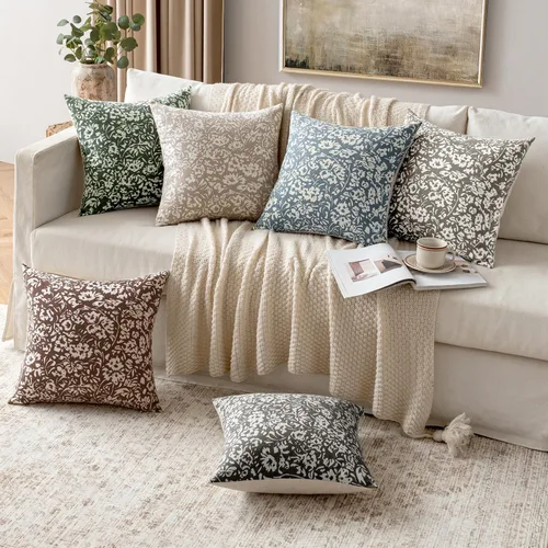 Vista 4 de MIULEE Fundas de almohada florales 18x18, juego de 2 fundas de almohada decorativas modernas de lino, fundas de almohada neutras de estilo granja
