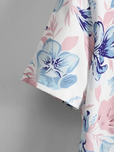 Vista 4 de OYOANGLE Camisa hawaiana de manga corta con botones y estampado tropical para hombre