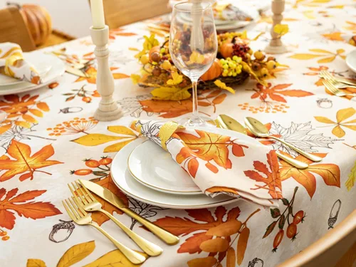 Vista 5 de YiHomer Colección de mesa de Acción de Gracias de otoño para decoración de cocina, comedor, fiestas, cosecha, hojas de otoño, mantel, rectangular