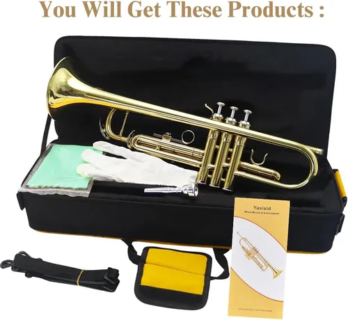 Vista 6 de Instrumento de trompeta, instrumentos musicales de banda y orquesta para principiantes, con estuche para trompeta, boquilla, paño y guantes (dorado)
