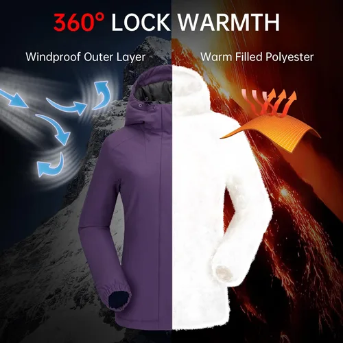 Vista 4 de CAMELSPORTS Chaqueta impermeable de esquí de montaña para mujer, con forro polar, impermeable, resistente al viento, con capucha para otoño e