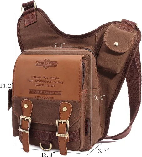 Vista 2 de Bolso de mensajero de lona vintage para hombre, bolso de mensajero de retazos de cuero en el pecho