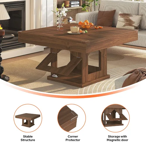 Vista 12 de [Usado] knoworld Mesa auxiliar cuadrada, mesa de centro de madera con almacenamiento y casa para gatos, mesa de cóctel marrón rústica para sala