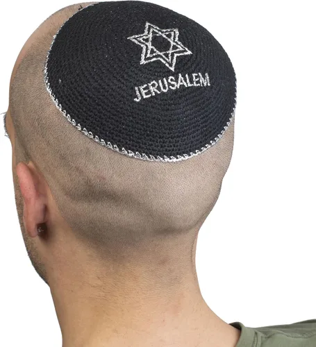 Vista 4 de JL Kippah Algodón Bordado Punto Azul Marino Plata Estrella de David Yarmulke 5.9in